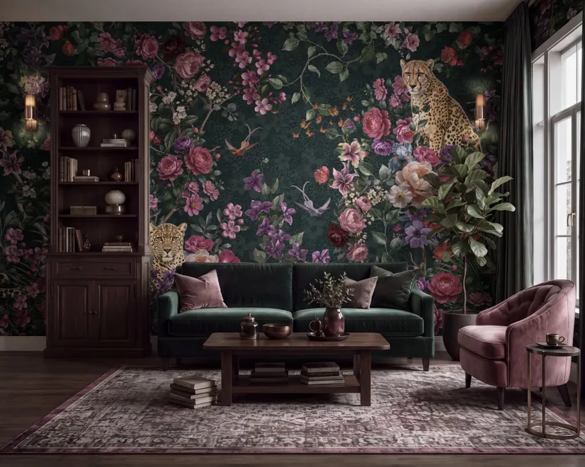 Dark Leopard Floral Garden Botanical Wallpaper Mural