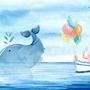 Papier peint panoramique mer cartoon avec éléphant rose et baleines