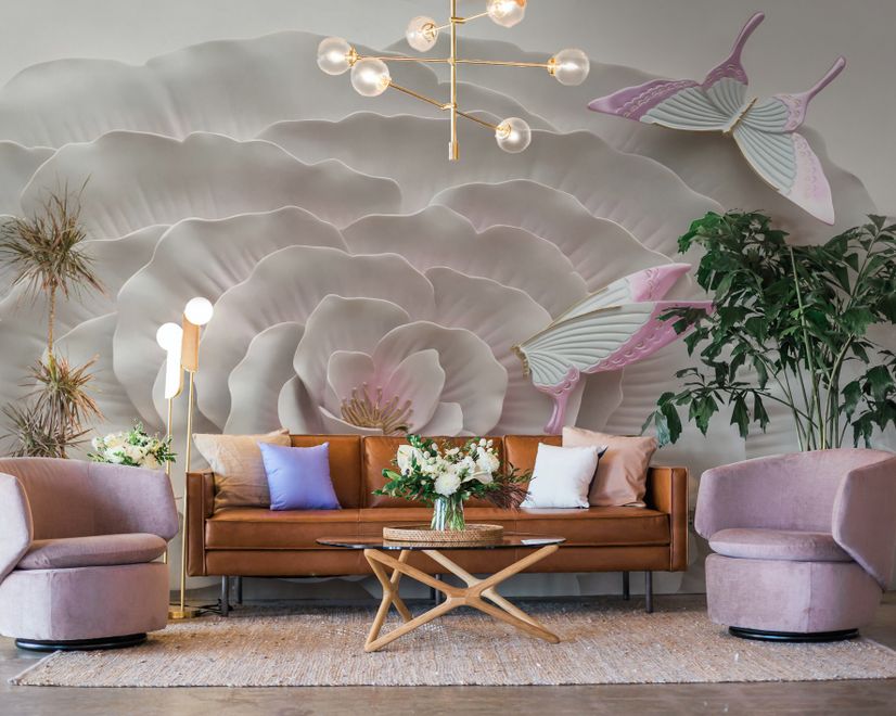 3D Embossed Look Flowers and Butterfly Wallpaper Mural