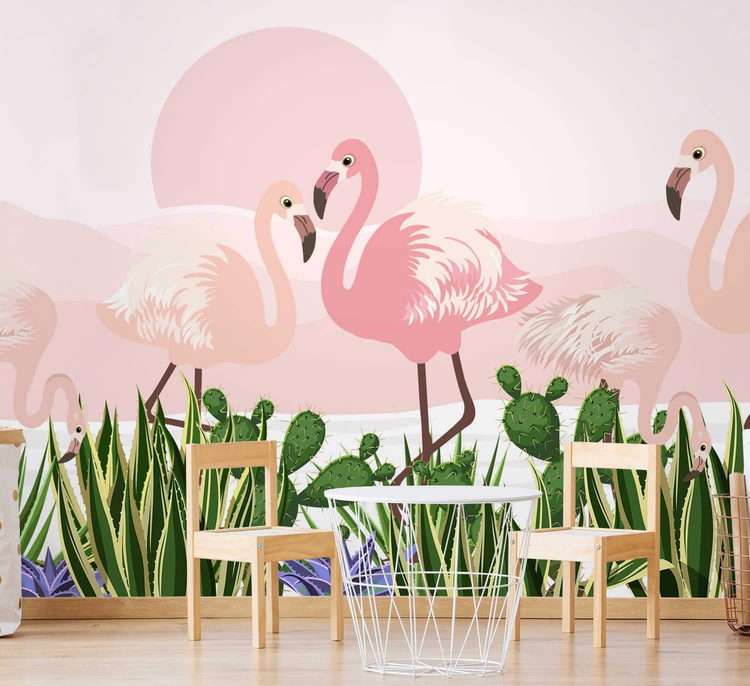 Flamingo with Cactus Wallpaper Mural - Peel and Stick