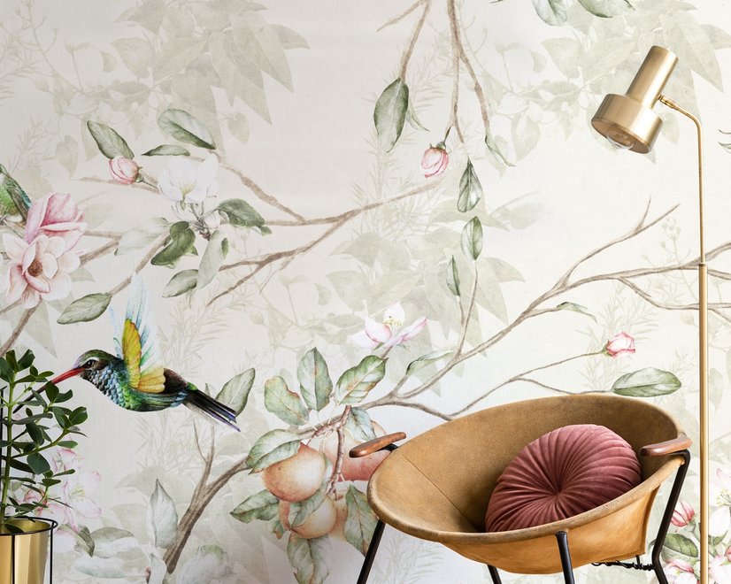 Papier peint fleurs vintage oiseaux