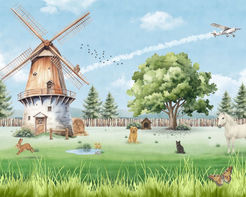 Cute Kids Windmill Farm Animals Wallpaper Mural