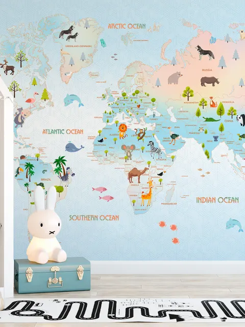 Kids Blue Pink Yellow World Map with Cartoon Animals Wallpaper Mural