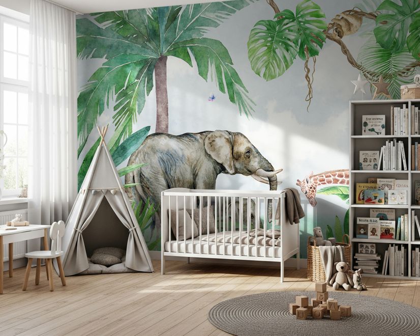 Kids Tropical Forest with Cute Safari Animals Wallpaper Mural