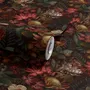 Dark moody floral wallpaper with cream peonies, coral lilies, berries and green foliage on chocolate brown