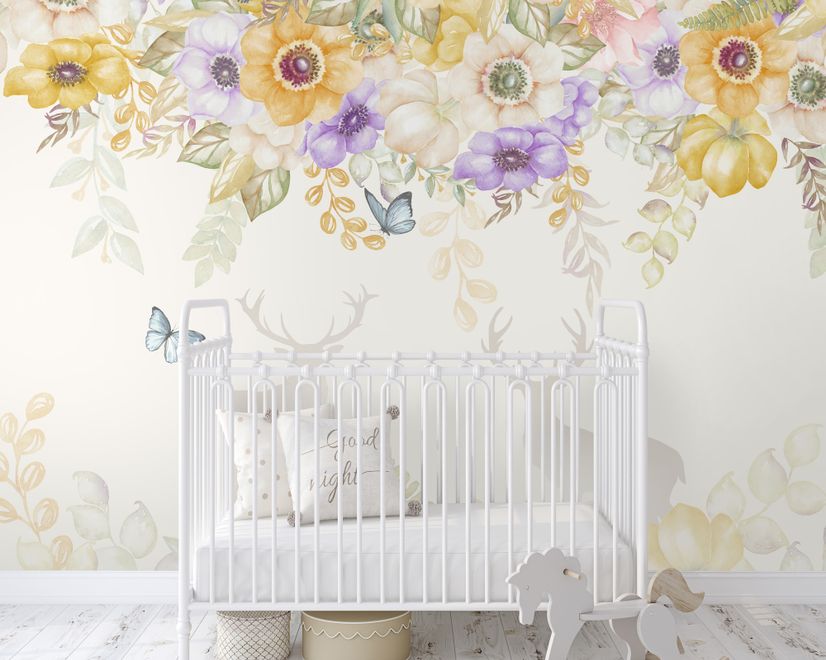 Yellow Floral Art with Horned Deer Wallpaper Mural
