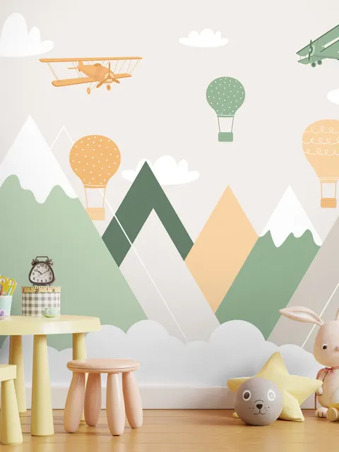 Nursery Mountain Landscape with Hot Air Balloons Wallpaper Mural