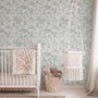 Cute cats wallpaper with dusty blue toile kittens, roses and garden scenes on warm cream
