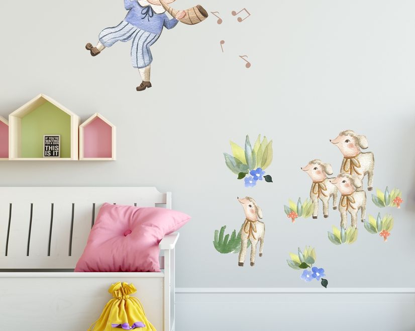 Kinder Wandtattoo mit kleinen Jungen und süßen Schafen