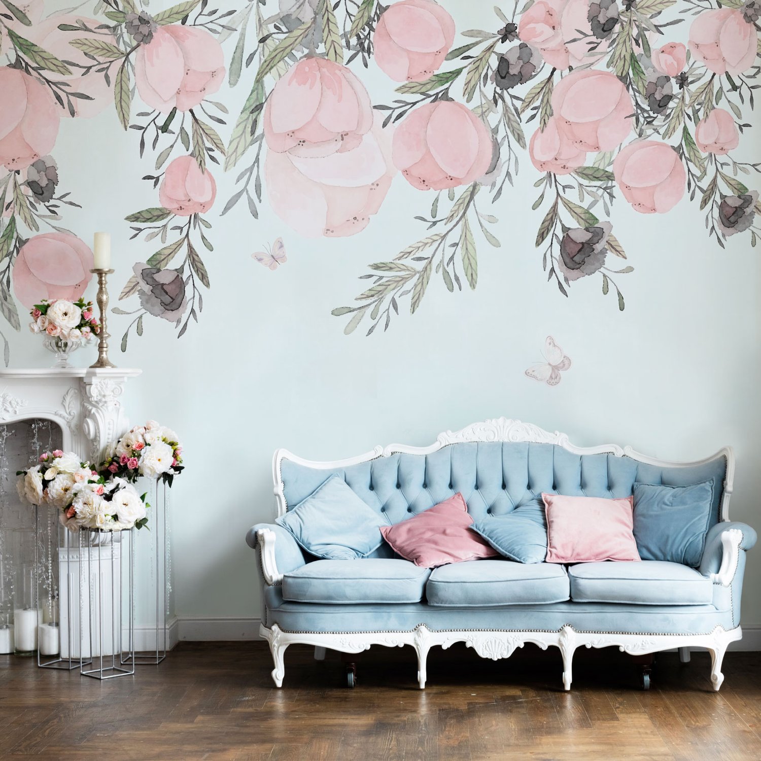 Vintage Pink Vine Flowers Wallpaper Mural - Peel and Stick