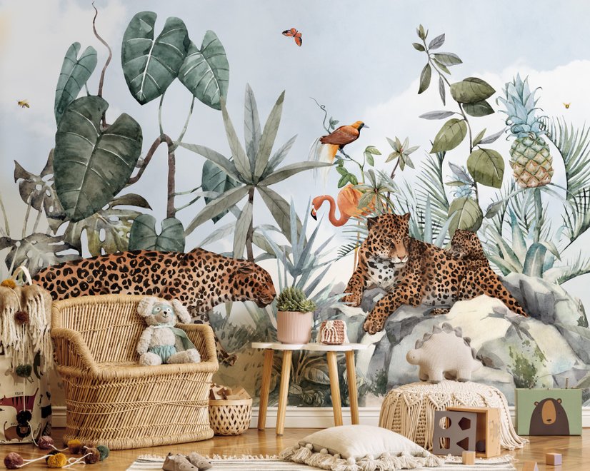 Kinder Aquarellwald mit Leoparden Wildtiere Fototapete