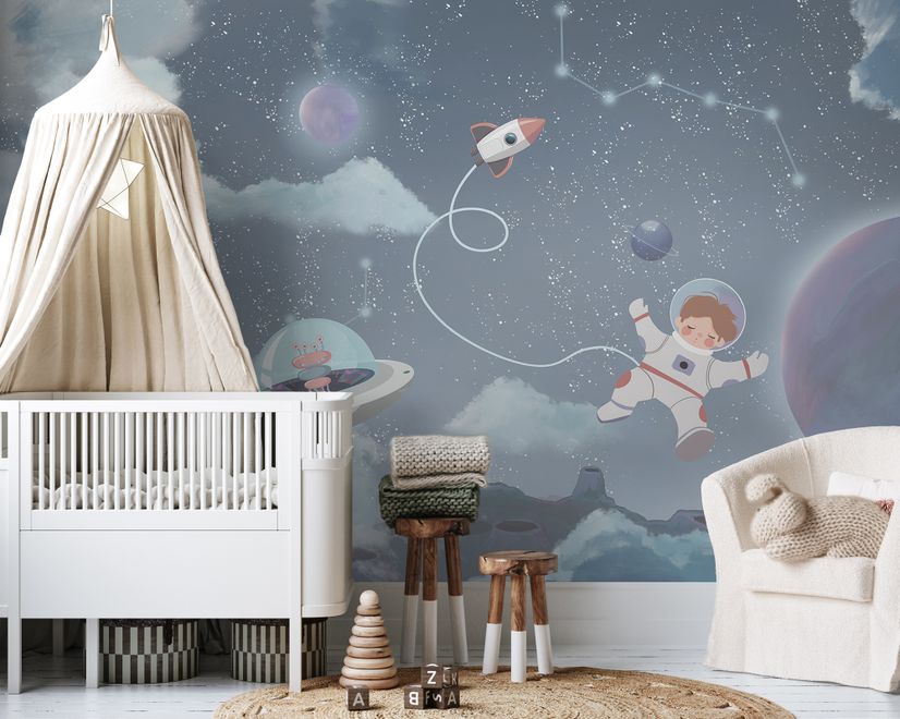 Papier peint panoramique de l'espace pour garçons - Planètes brillantes et astronautes