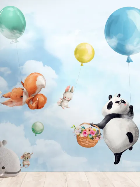 Cute Flying Panda & Animals Kids Nursery Wallpaper Mural