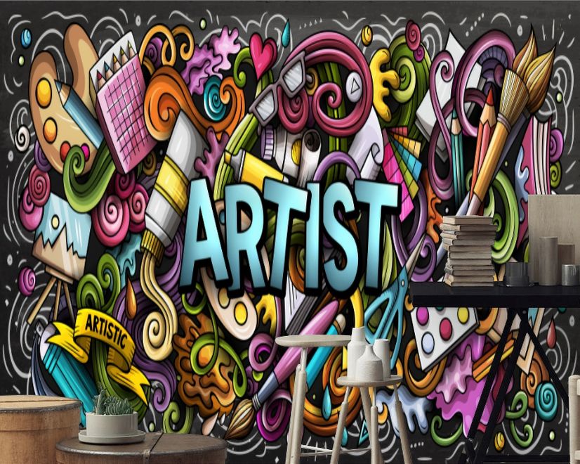 Drawing Graffiti Artist with Colorful Painting Wallpaper Mural