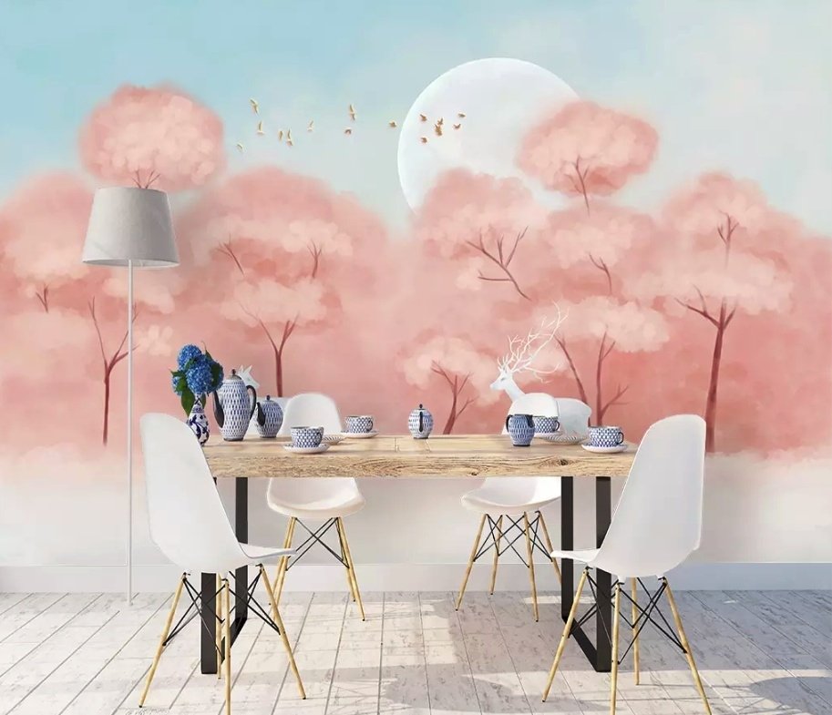 Pink Forest and Horned Deer Wallpaper Mural - Peel and Stick