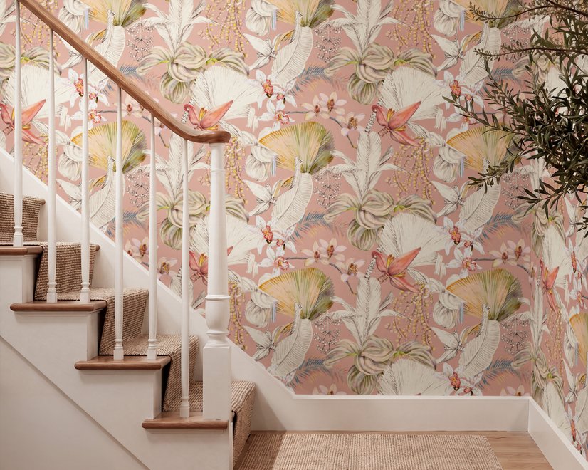 Pink tropical wallpaper with ivory fan palms, orchids, coral blossoms and sage foliage on dusty rose