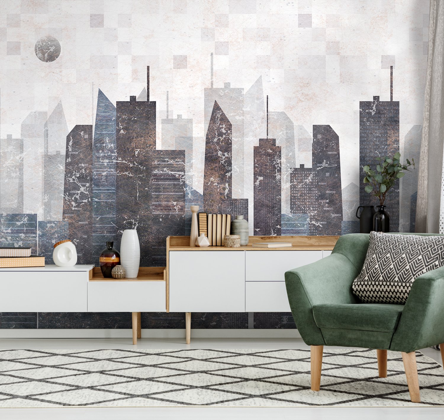 Vintage Geometric City Wallpaper Mural - Peel and Stick