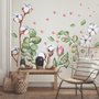 Stickers muraux en coton blanc avec feuilles vertes et boutons de rose roses