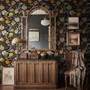 Japanese art wallpaper pattern with koi fish, gold peonies, mauve flowers and grey clouds on black