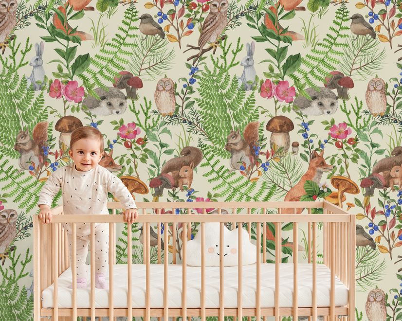 Watercolor Cute Kids Forest Animals in Forest Wallpaper Mural