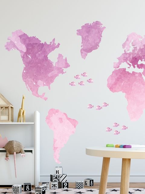 Kinder Pink Weltkarten mit kleinen Fischen Wandtattoo
