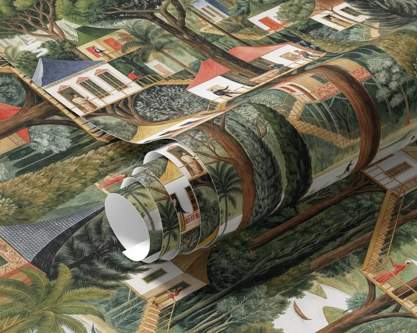Architectural design wallpaper mural of forest treehouses, rivers, boats and small figures in green watercolour