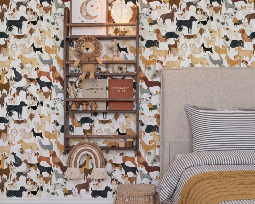 Zoomie kids wallpaper with painted dog breeds in tan, brown, black and grey on white