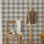 Neutral beige and brown plaid wallpaper with cream squares, taupe woven blocks and fine dark brown lines