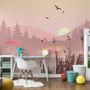 Papier peint paysage rose au lever du soleil avec des flamants roses
