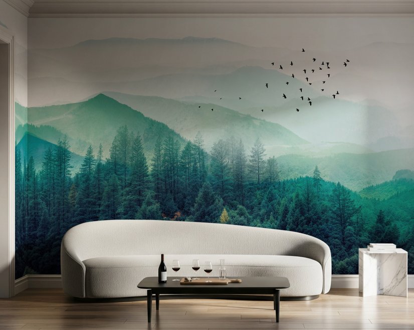 Papier peint forêt verte brumeuse avec oiseaux
