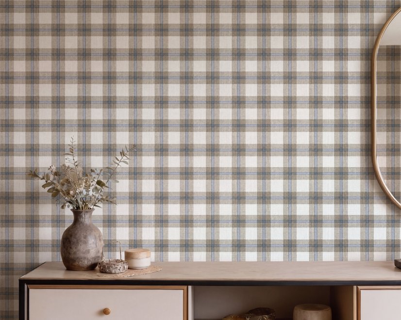 Beige, oat and cream-white plaid wallpaper with fine navy-blue stripes and printed linen texture