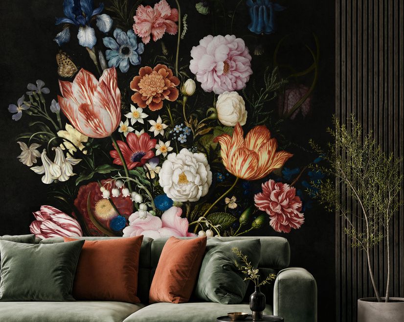 Elegant Dutch Dark Floral Bouquet Wallpaper Mural