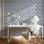 Cream colored wallpaper with denim blue geometric totem stripe repeat on a linen texture ground