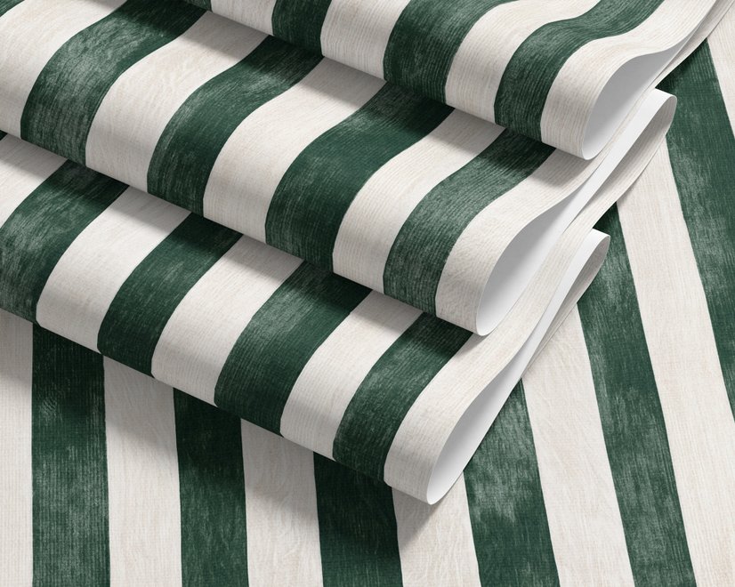 Green striped minimalist wallpaper with vertical deep forest green bands on a soft warm ivory ground.