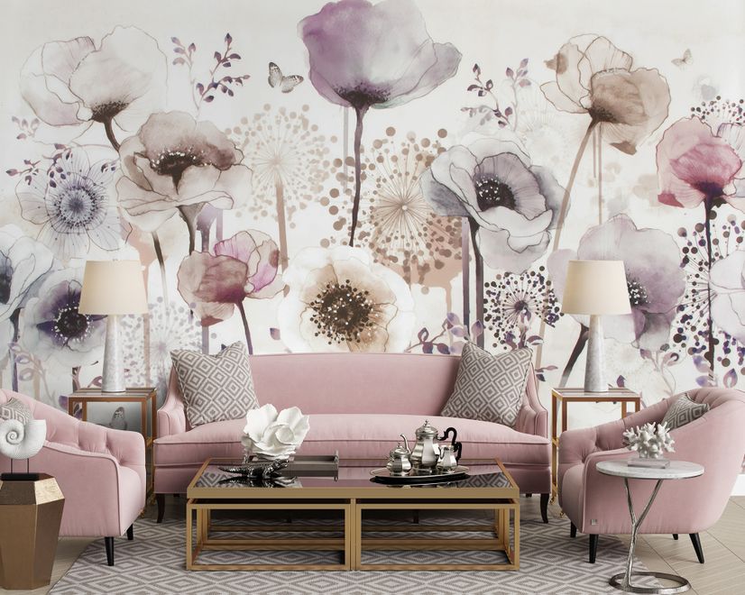 Watercolor Dark Poppy Flowers Wallpaper Mural