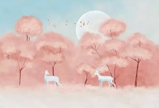 Pink Forest and Horned Deer Wallpaper Mural