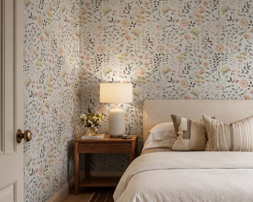 Watercolour wildflower wallpaper with pastel flowers and sage leaves on a white ground