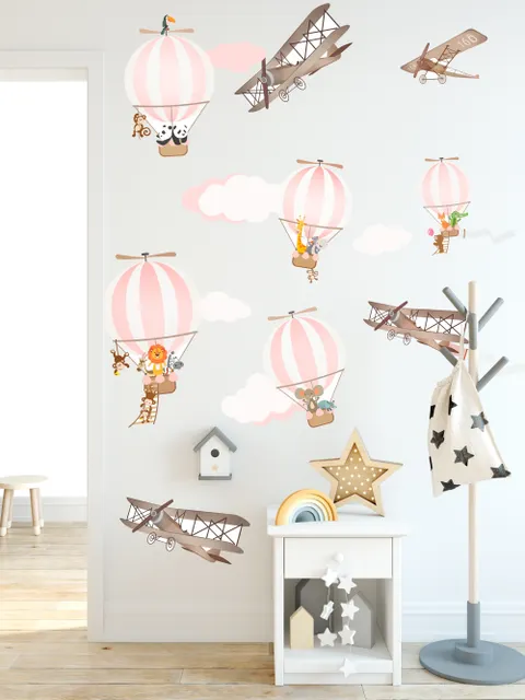 Stickers muraux montgolfière rose et avion marron avec nuages pour enfants
