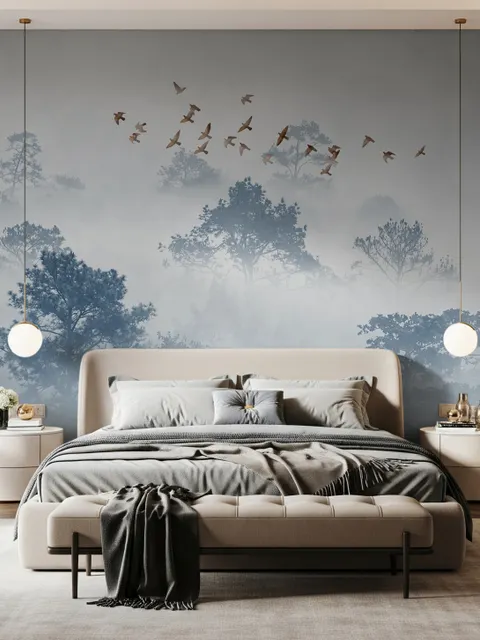 Misty Forest with Birds Wallpaper Mural