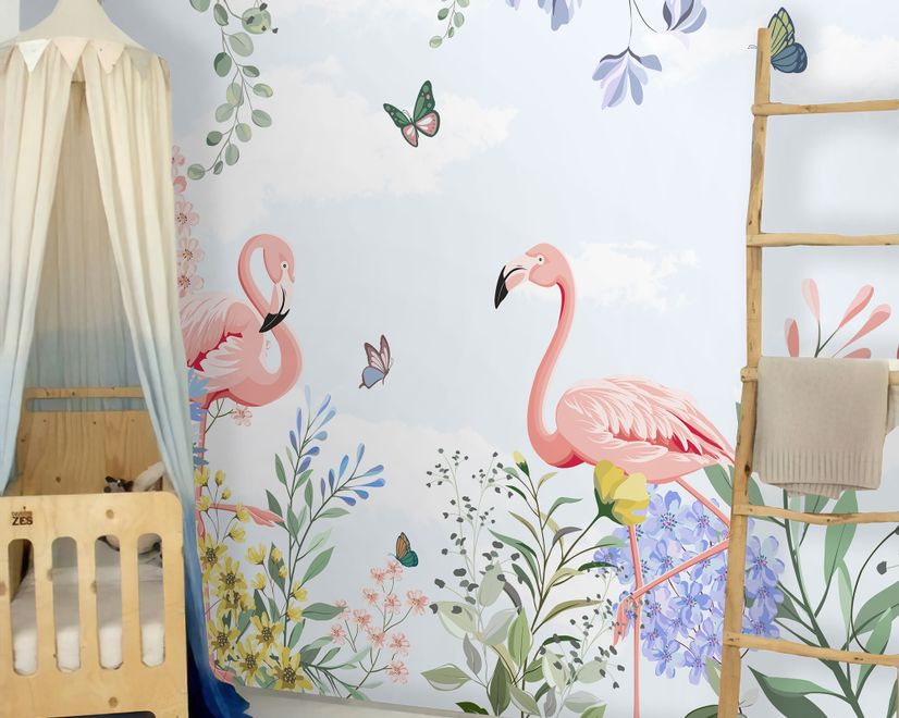 Flamingo with Colorful Floral Wallpaper Mural