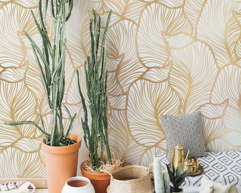 Golden Look Stylish Leaf  Line Art Wallpaper Mural