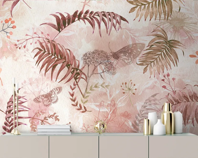 Pink Leaf and Blossom Wallpaper Mural