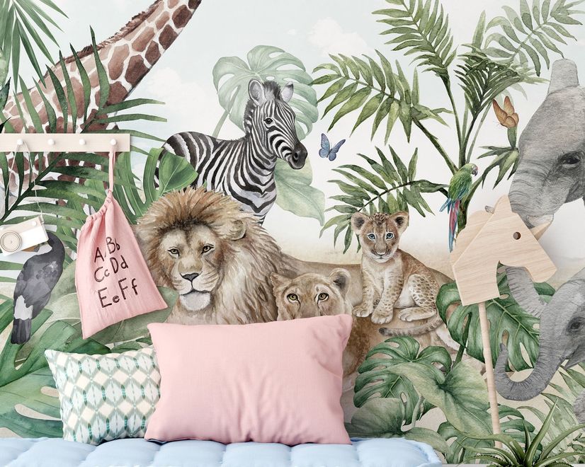 Kids Tropical Animals with Leafs Wallpaper Mural