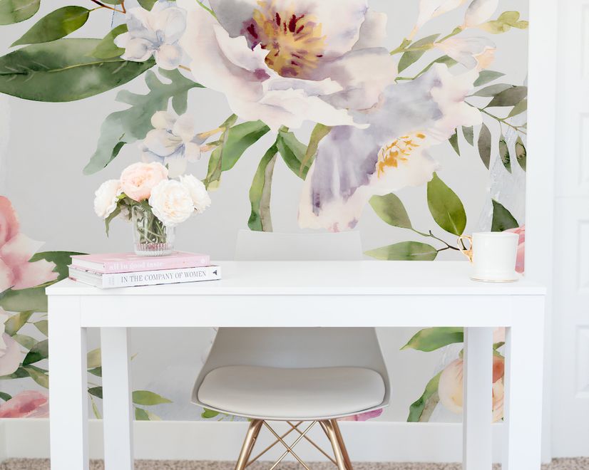 Watercolor White Pink Floral Bouquet Wallpaper Mural