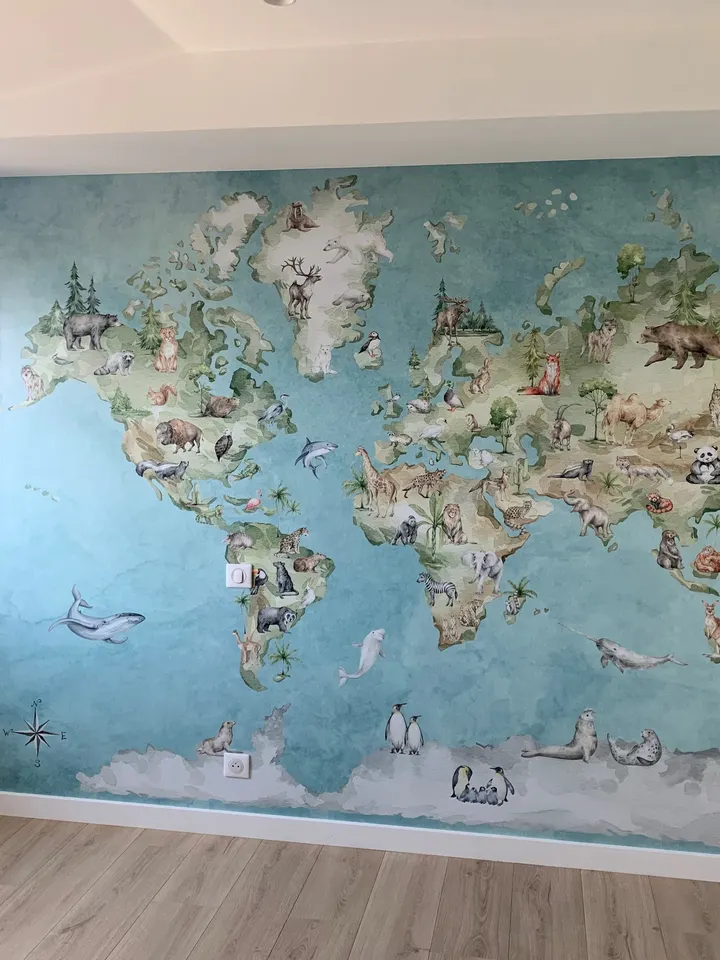 Watercolor Kids World Map with Soft Animals Wallpaper Mural