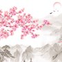 Papier peint fleurs de cerisier avec paysage de montagne