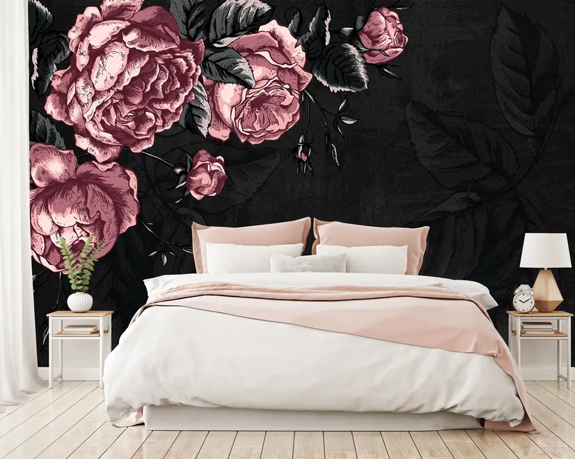 Dark Floral Peony Flower Drawing Wallpaper Mural