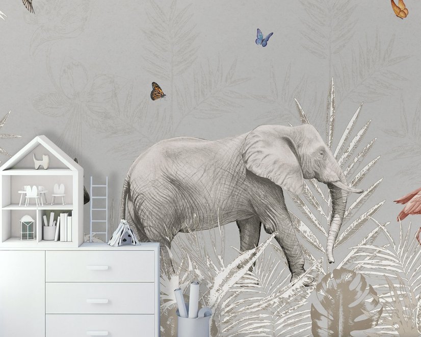 Papier peint animaux tropicaux feuilles enfants