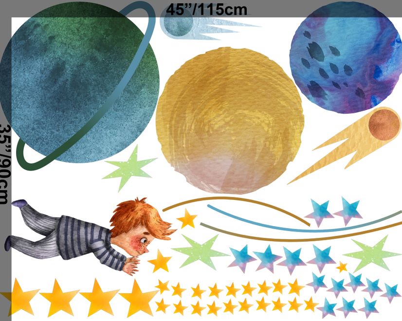 Little Boy with Blue Yellow Stars on the Outer Space with Blue Yellow Stars Wall Decal Sticker