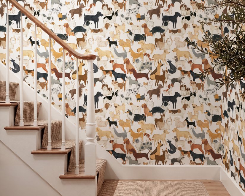 Zoomie kids wallpaper with painted dog breeds in tan, brown, black and grey on white